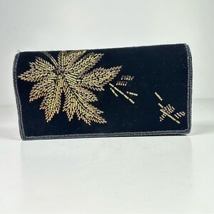 Vintage Black Velvet Evening Bag / Clutch with Beaded Leaf by Indolink